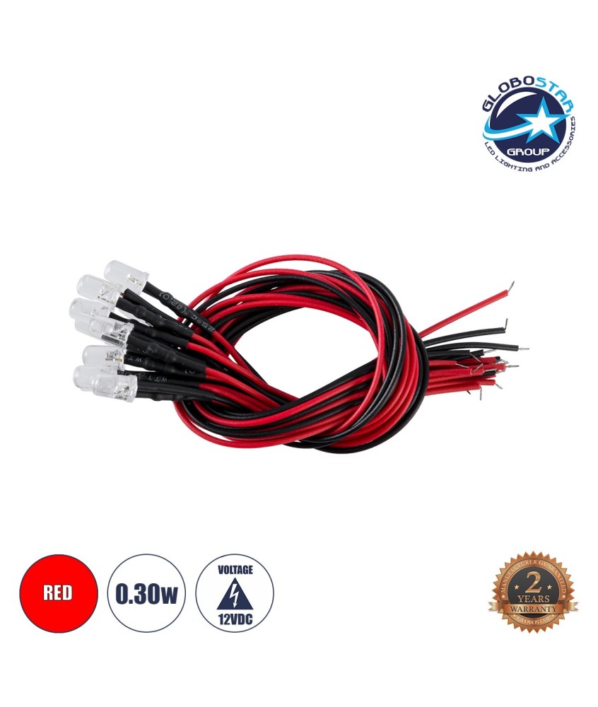 GloboStar® DIODE-LED 73732 Χαμηλής Ισχύος Δίοδος LED 0.3W DC 12V - Φ0.5 x Υ1cm - Κόκκινο - Dimmable - Συσκευασία 10 Τεμαχίων - 2 Χρόνια Εγγύηση